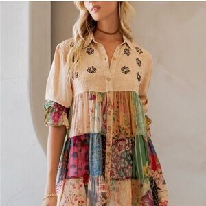 POL Floral Patchwork Blouse with Cream and Multicolor Accents